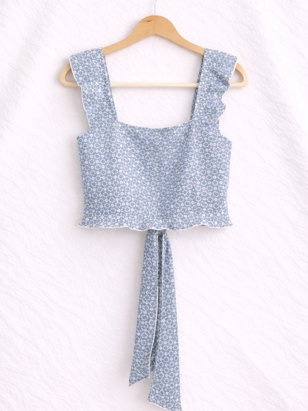 Blue Floral Open Back Tie Crop Top Ruffle Strap Summer
